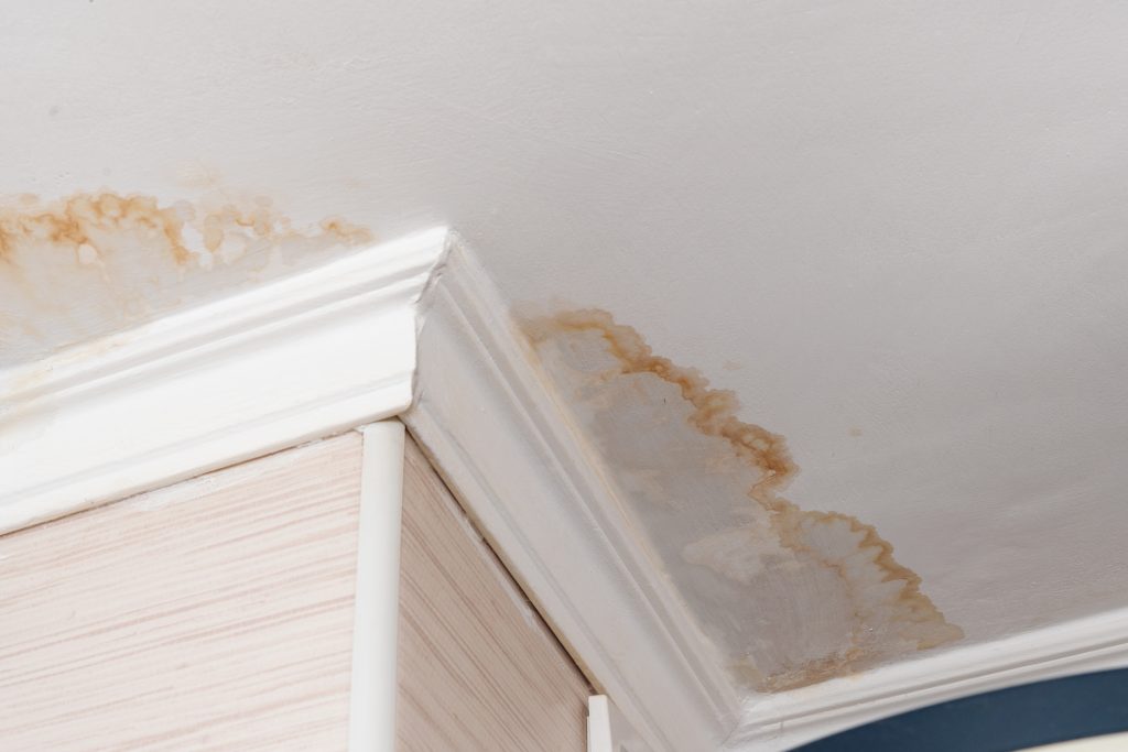 Neighbors have a water leak water-damaged ceiling close-up of a stain on the ceiling