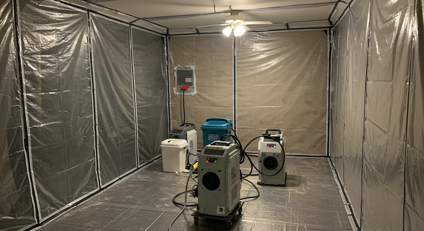 A room sealed off with transparent plastic sheeting and negative air machines in place, showcasing the containment process. The image highlights the equipment used to prevent mold spores from spreading.