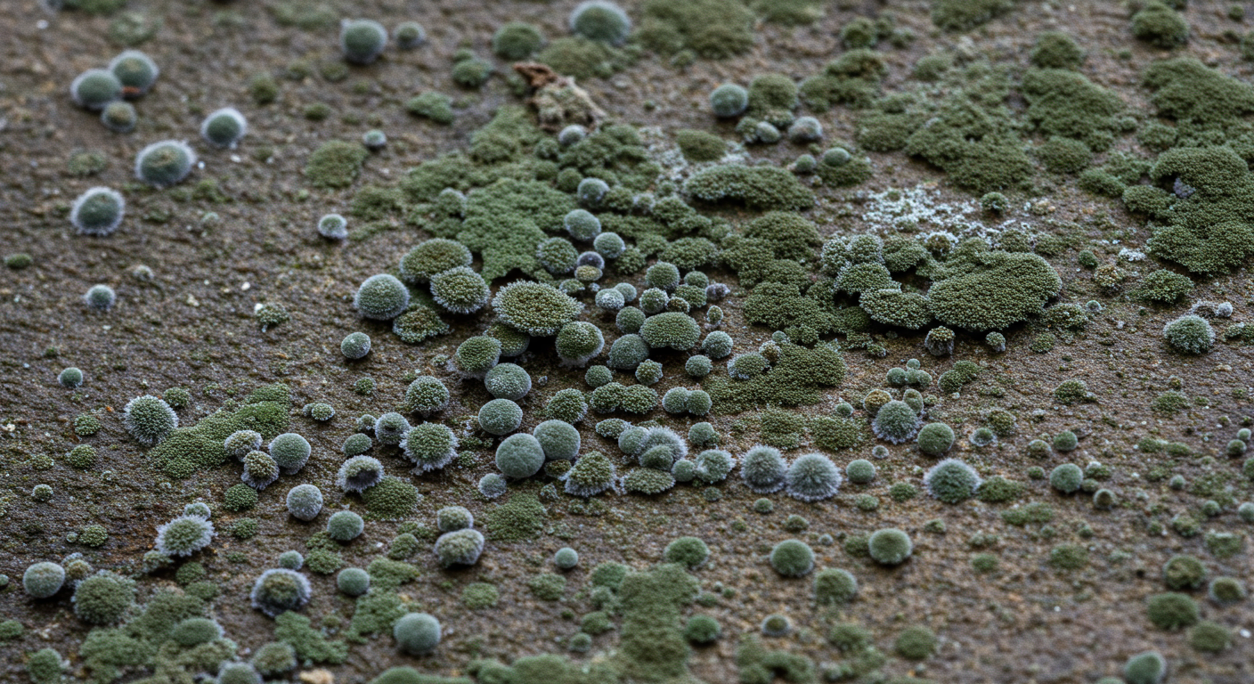 A close-up shot of mold growing on a damp wall, showcasing the texture and color variations of the mold.