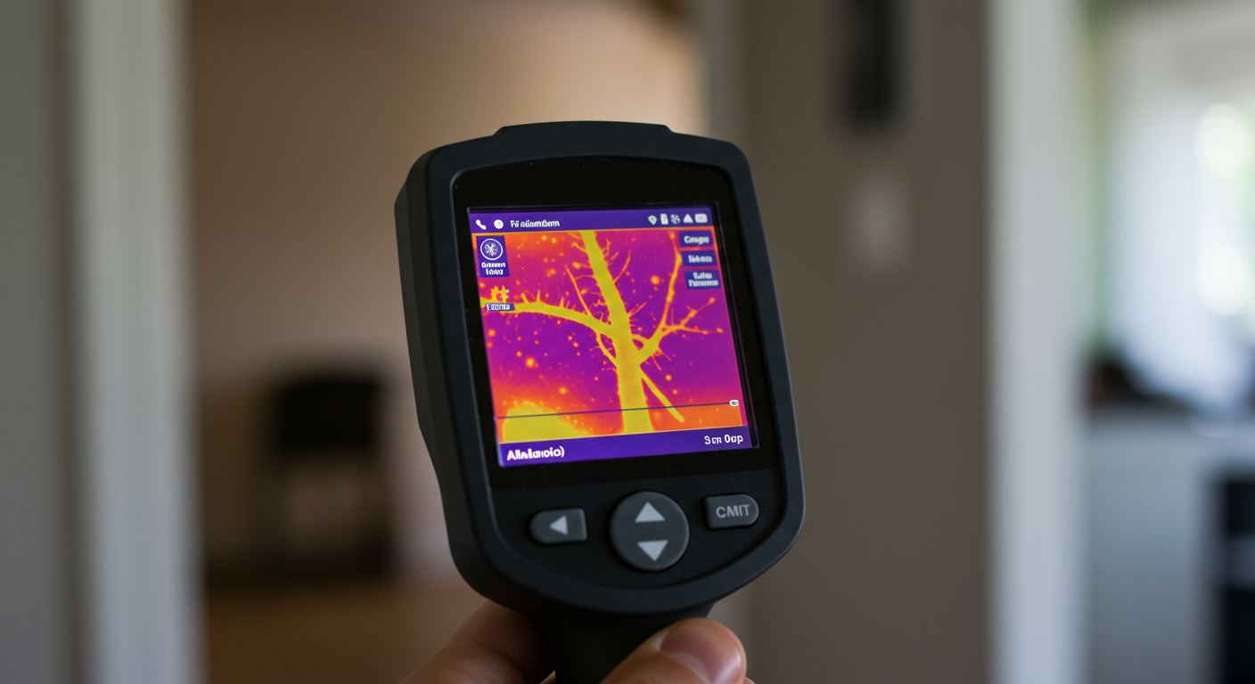 Close-up of advanced mold detection equipment, such as an infrared thermal camera or air quality testing kit, being used in a home setting.