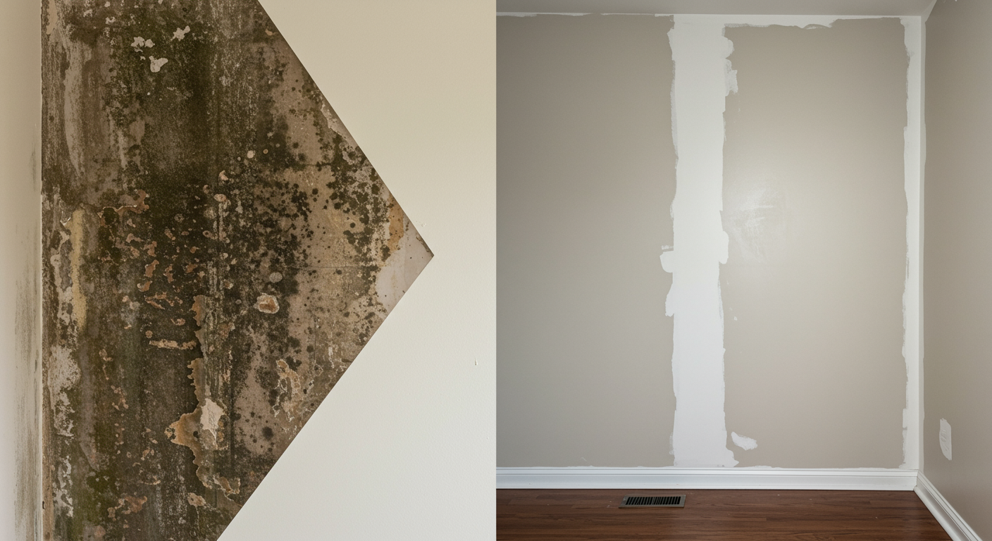 A before-and-after comparison of a mold-affected area in a Logan home. The left side shows a wall with dark mold patches, while the right side displays the same wall after professional remediation—clean, dry, and freshly painted.
