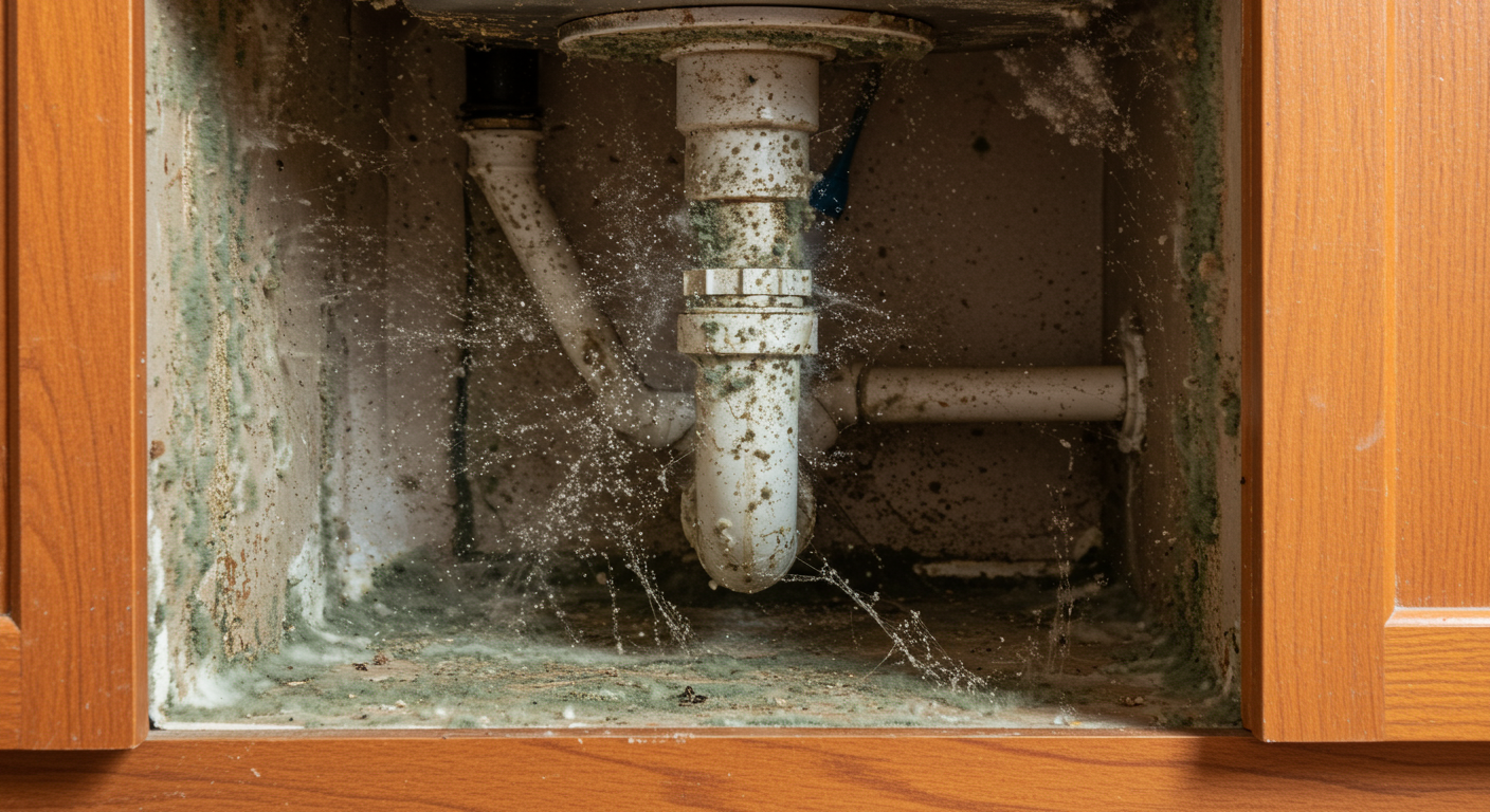 A close-up of a leaky pipe under a kitchen sink with visible mold growth around the area.