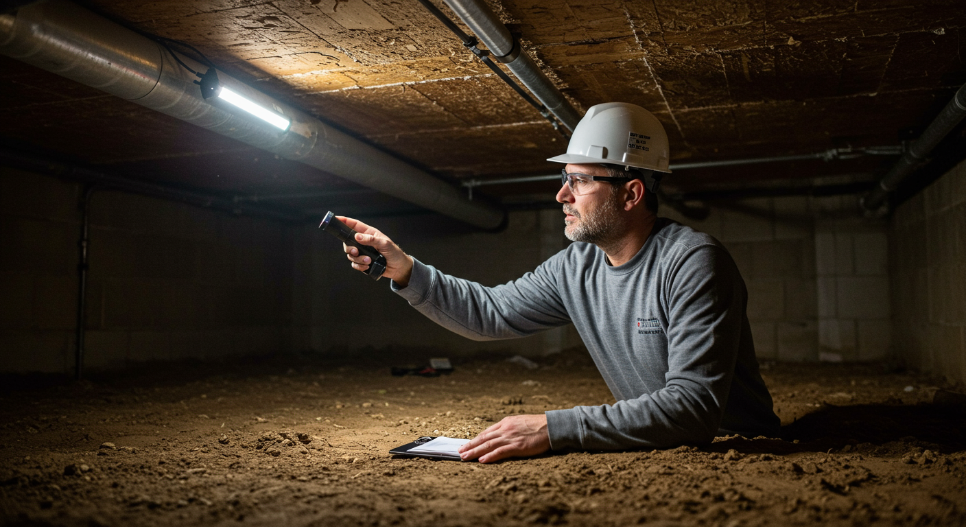 A professional inspector conducting a crawl space inspection with a flashlight, pointing out areas for encapsulation. The image highlights the expertise and thoroughness of the service.