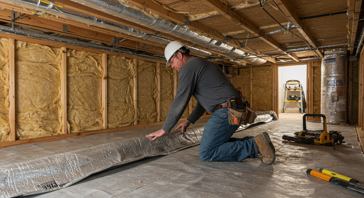 A professional contractor in uniform working inside a crawl space in St. George, UT. The contractor is installing a vapor barrier or insulation, with tools and materials visible in the background.