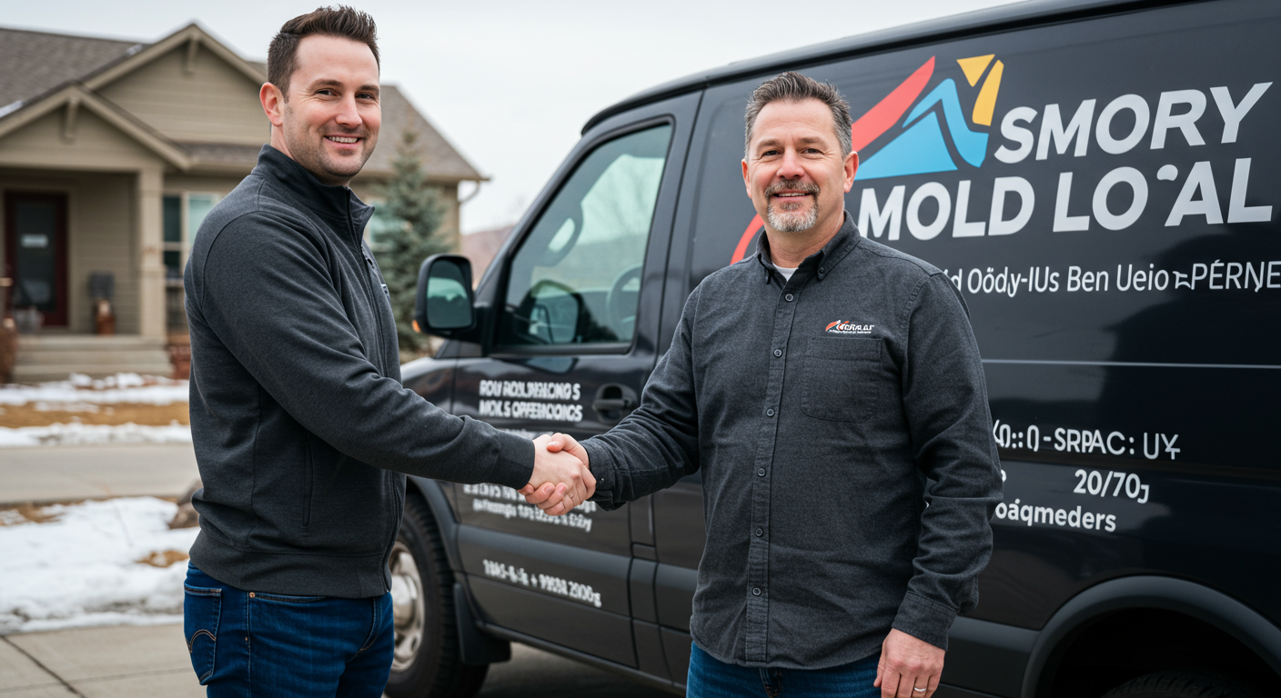 A friendly local mold remediation specialist shaking hands with a homeowner in front of a house in Spanish Fork, UT. The specialist's van with the company logo is visible in the background.
