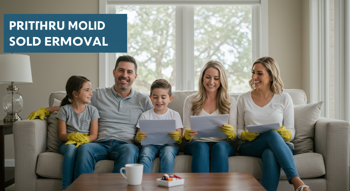 A happy family sitting in a bright, clean living room in Salt Lake City, symbolizing the benefits of professional mold removal. The image conveys safety, health, and peace of mind.
