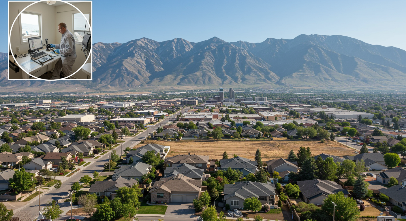 A scenic view of Spanish Fork, UT, with a focus on a residential neighborhood surrounded by mountains. The image subtly incorporates a small inset of a home interior with a mold inspector at work to connect the local relevance with the service.
