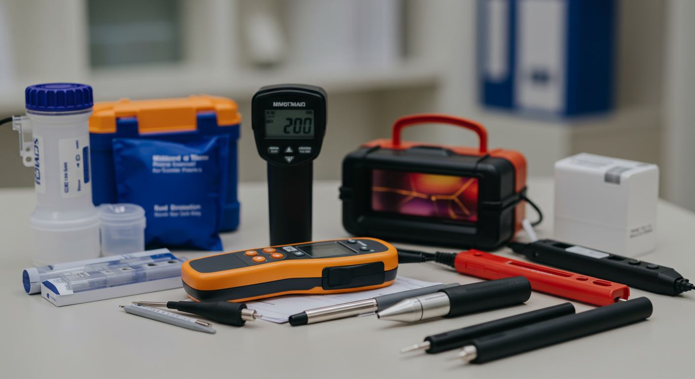 A close-up of professional mold inspection tools such as moisture meters, thermal imaging cameras, and air quality testing kits arranged on a clean surface.
