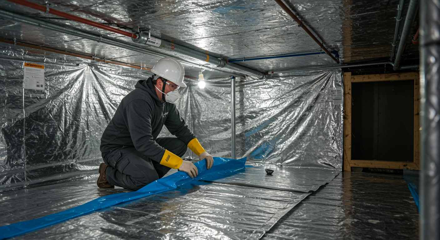 A professional technician in protective gear carefully installing a vapor barrier in a crawl space. The image focuses on the process and expertise involved in encapsulation.