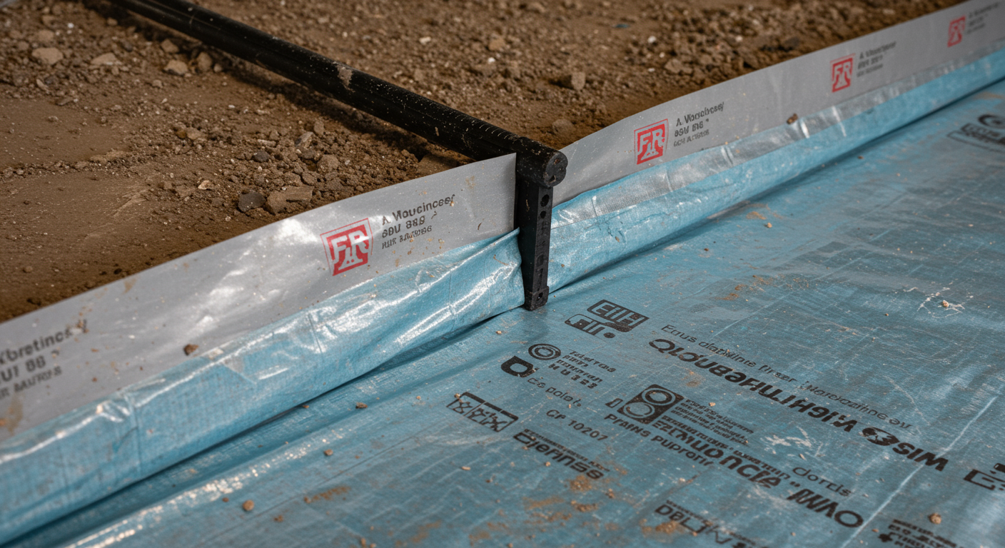 A close-up of a high-quality vapor barrier being installed in a crawl space. The image highlights the material's durability and the precision of the installation process.