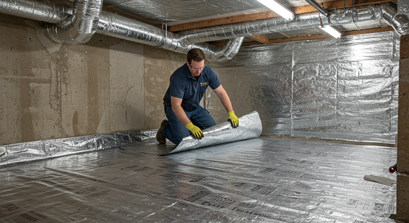 A professional technician installing a vapor barrier in a crawl space. The technician is carefully laying down the barrier, ensuring it fits snugly against the walls and floor.