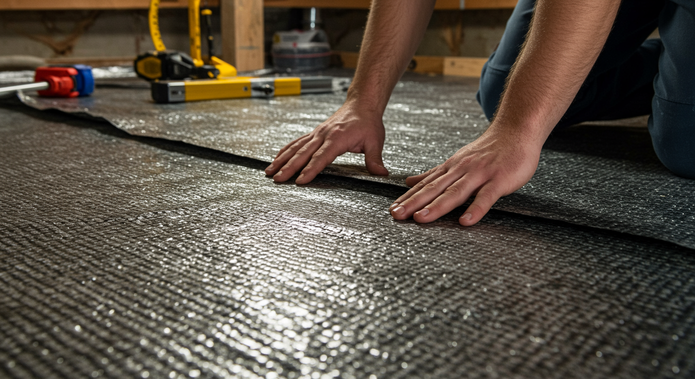 A technician’s hands installing a thick, durable vapor barrier on the crawl space floor. The image highlights the material's texture and quality, with tools and equipment visible in the background.