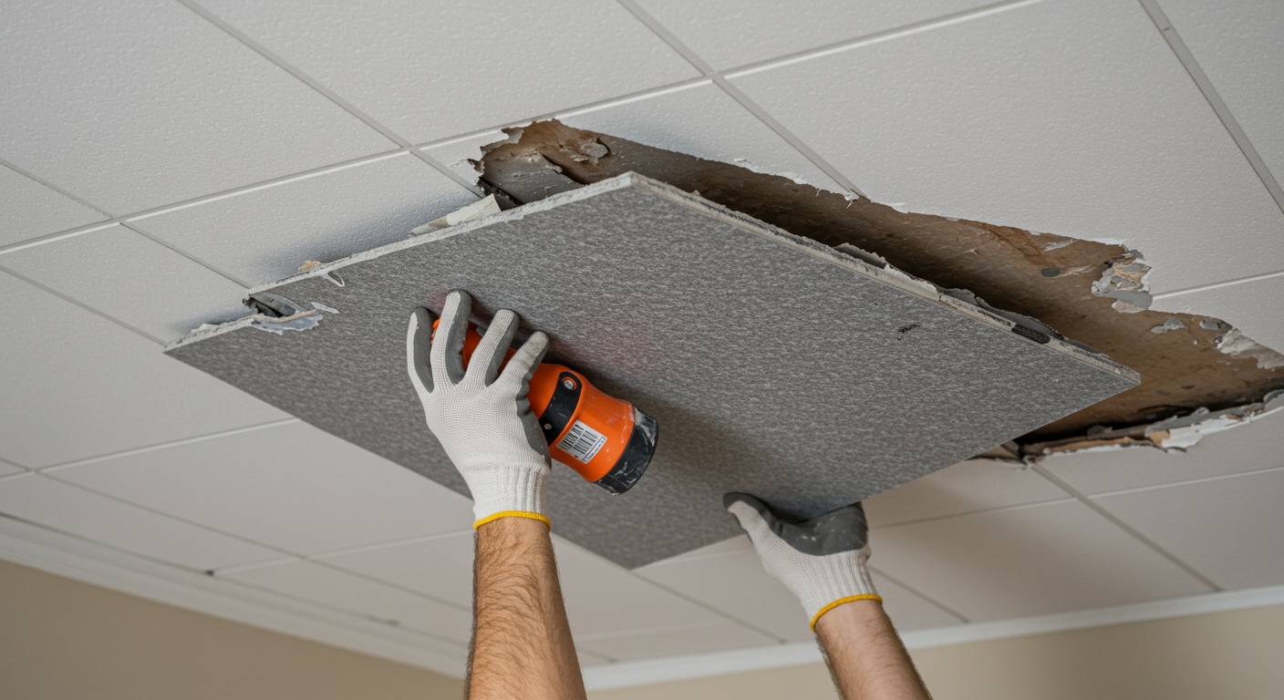 A professional contractor carefully removing an acoustic ceiling tile in a well-lit living room.