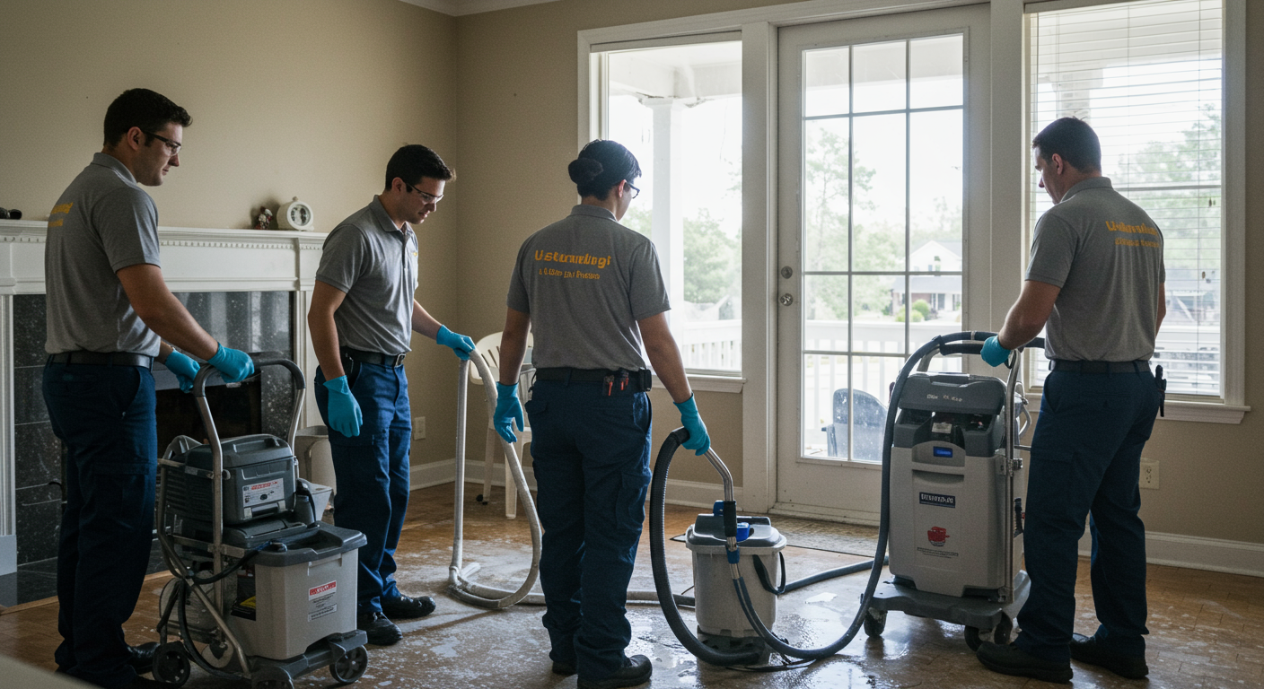 A team of professionals in uniforms actively working to repair water damage in a residential home. They are using equipment like water extractors and drying machines.