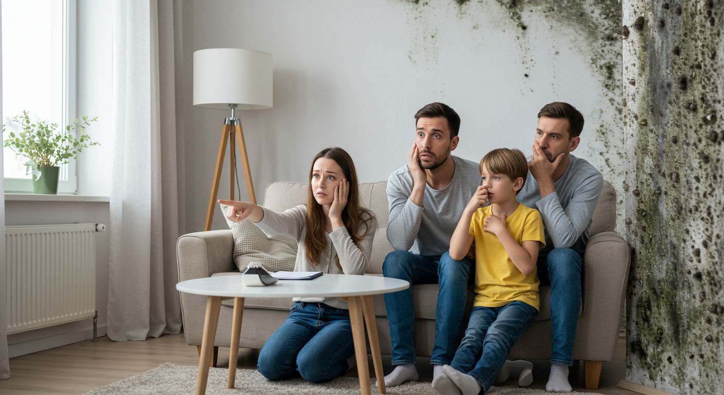 A family in a living room, looking concerned as they point towards a moldy corner. The image conveys the emotional impact of mold on health and home life, with visible mold growth in the background.