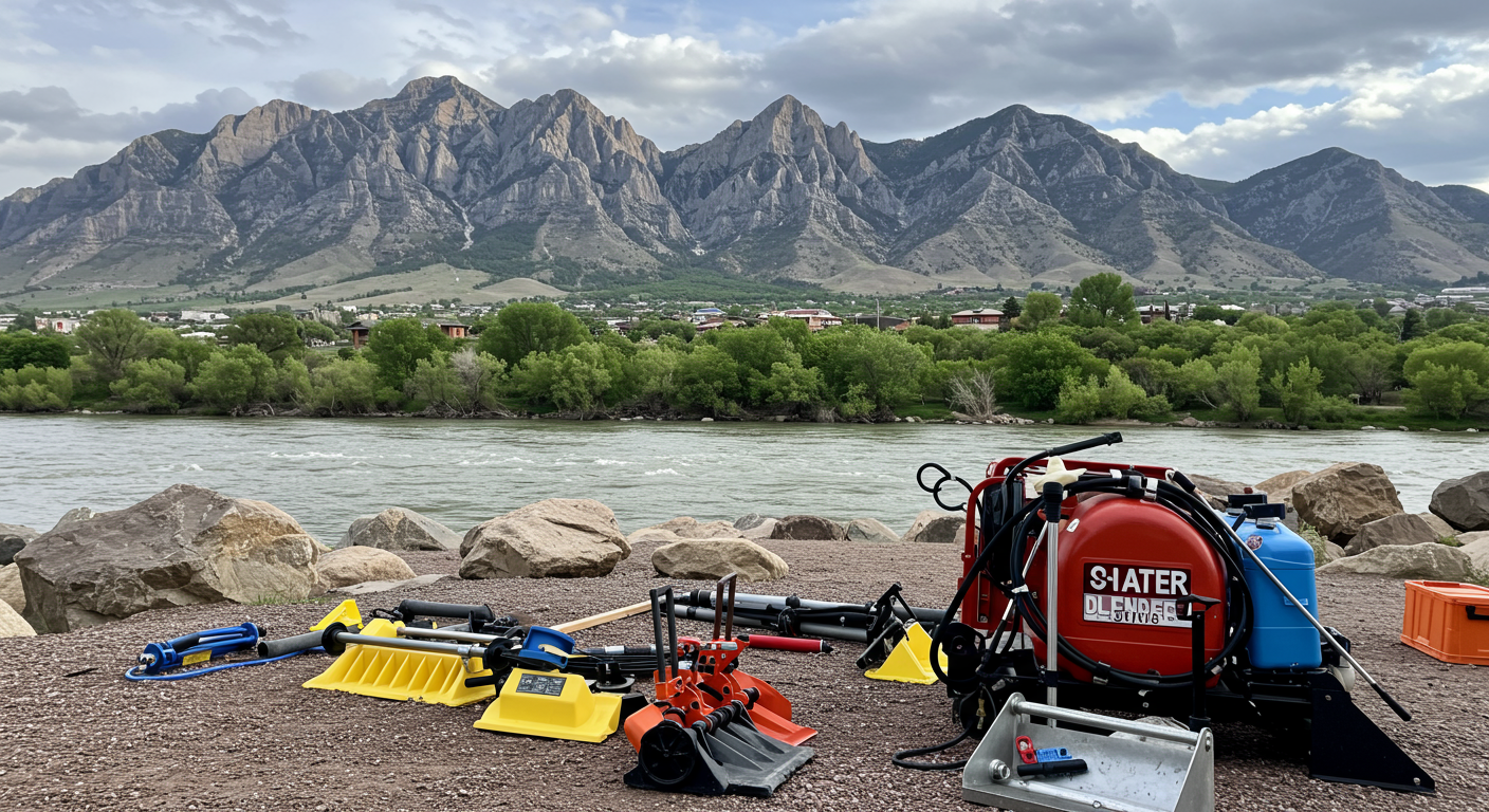 A picturesque view of South Jordan, UT, featuring a local landmark in the background. In the foreground, there are water cleanup tools and equipment, emphasizing the local aspect of the services.