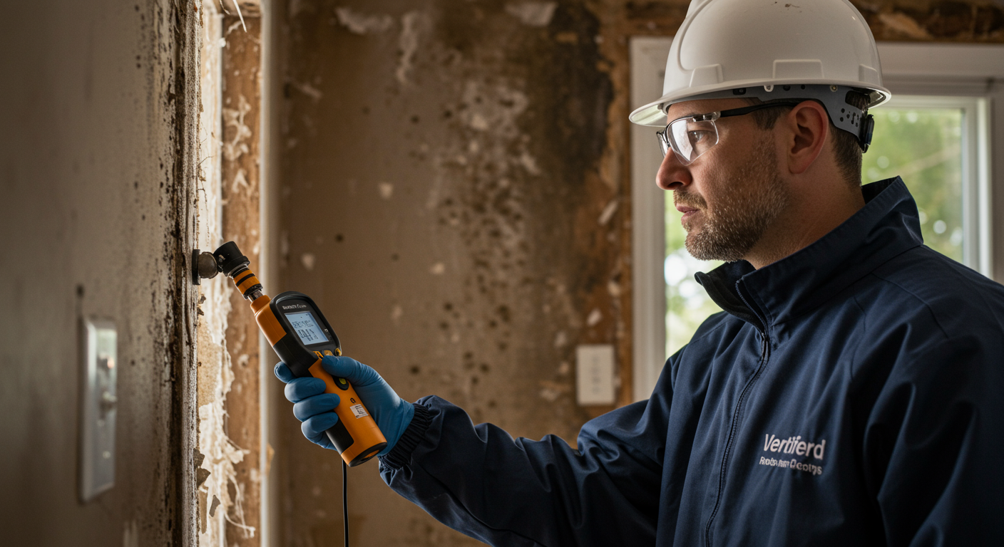A certified technician inspecting a home for mold, using specialized equipment like moisture meters and infrared cameras. The technician is focused on a wall, with visible signs of mold and water damage in the background.