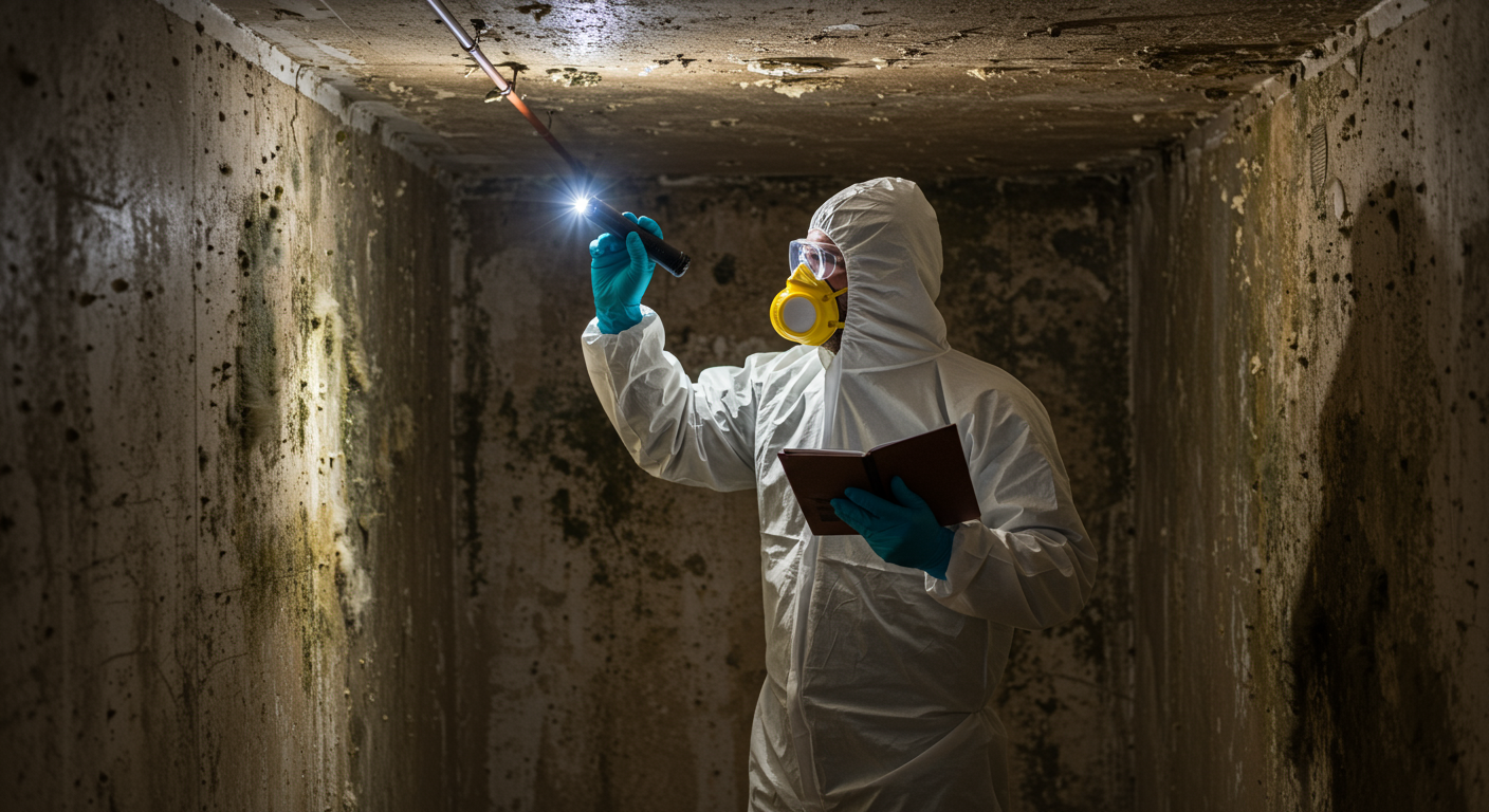 A professional mold remediation technician in protective gear inspecting a residential basement for mold growth.