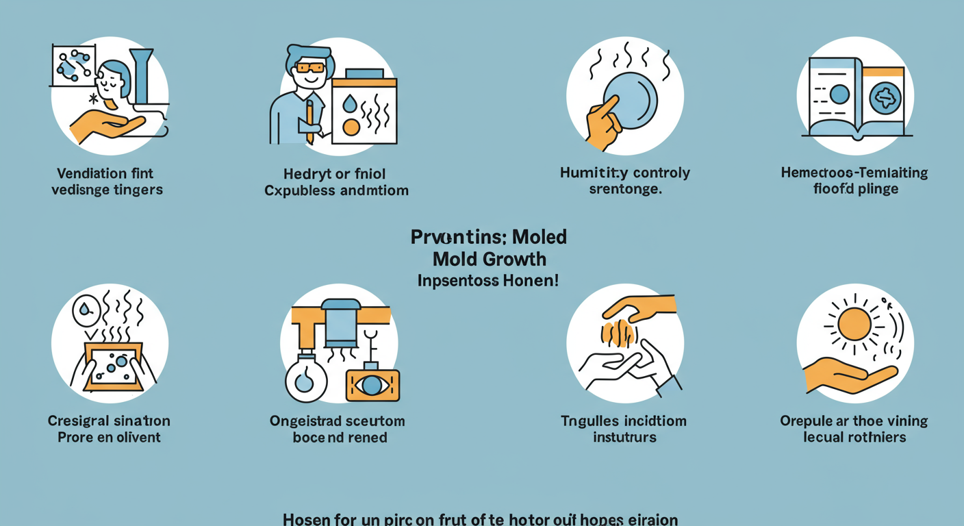 An infographic-style image showing tips for preventing mold growth in homes. The image features icons representing ventilation, humidity control, and regular inspections.