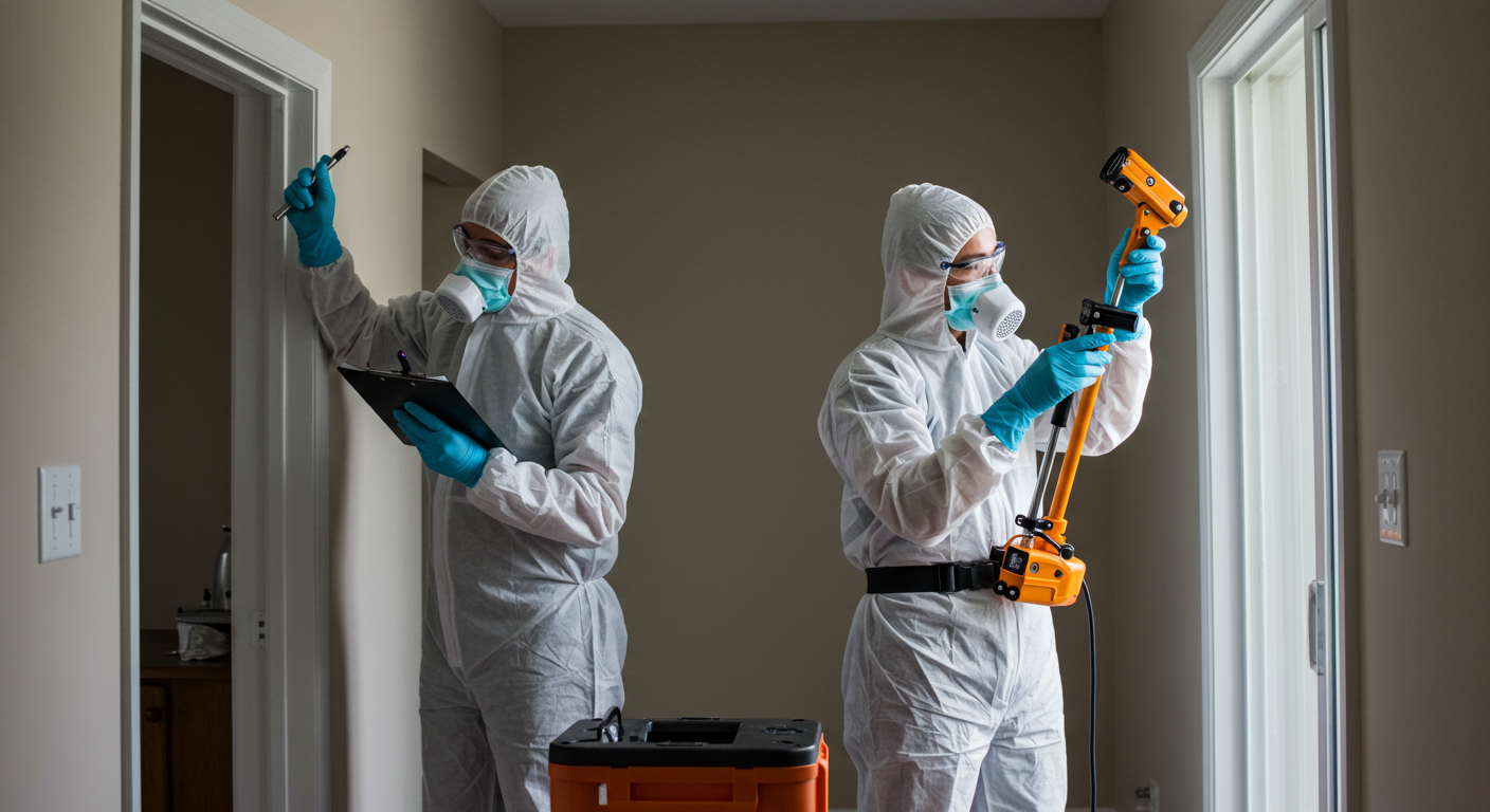 A dynamic image of a professional team conducting a mold assessment and removal. The team is shown wearing protective gear, actively inspecting a property, and using specialized equipment in a well-lit environment.