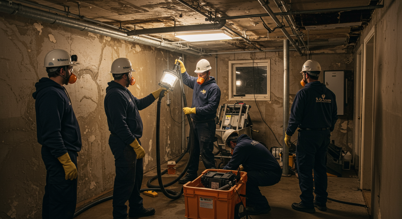 A team of mold remediation professionals working together to remove mold from a basement. The image captures teamwork and the use of advanced equipment, with a focus on safety and efficiency.
