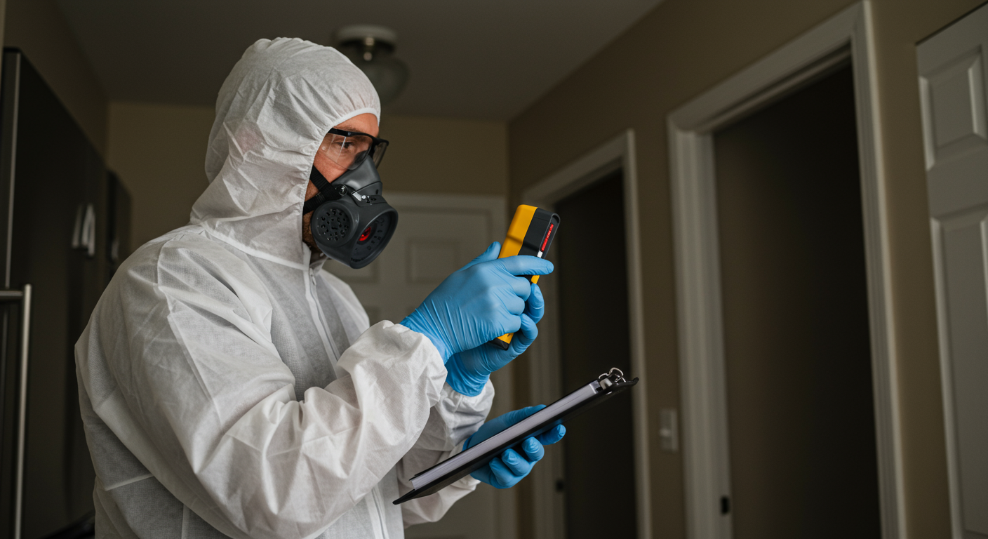 A technician conducting air quality testing in a home after mold remediation. The image shows the technician using a testing device, symbolizing thoroughness and care in ensuring the home is safe.