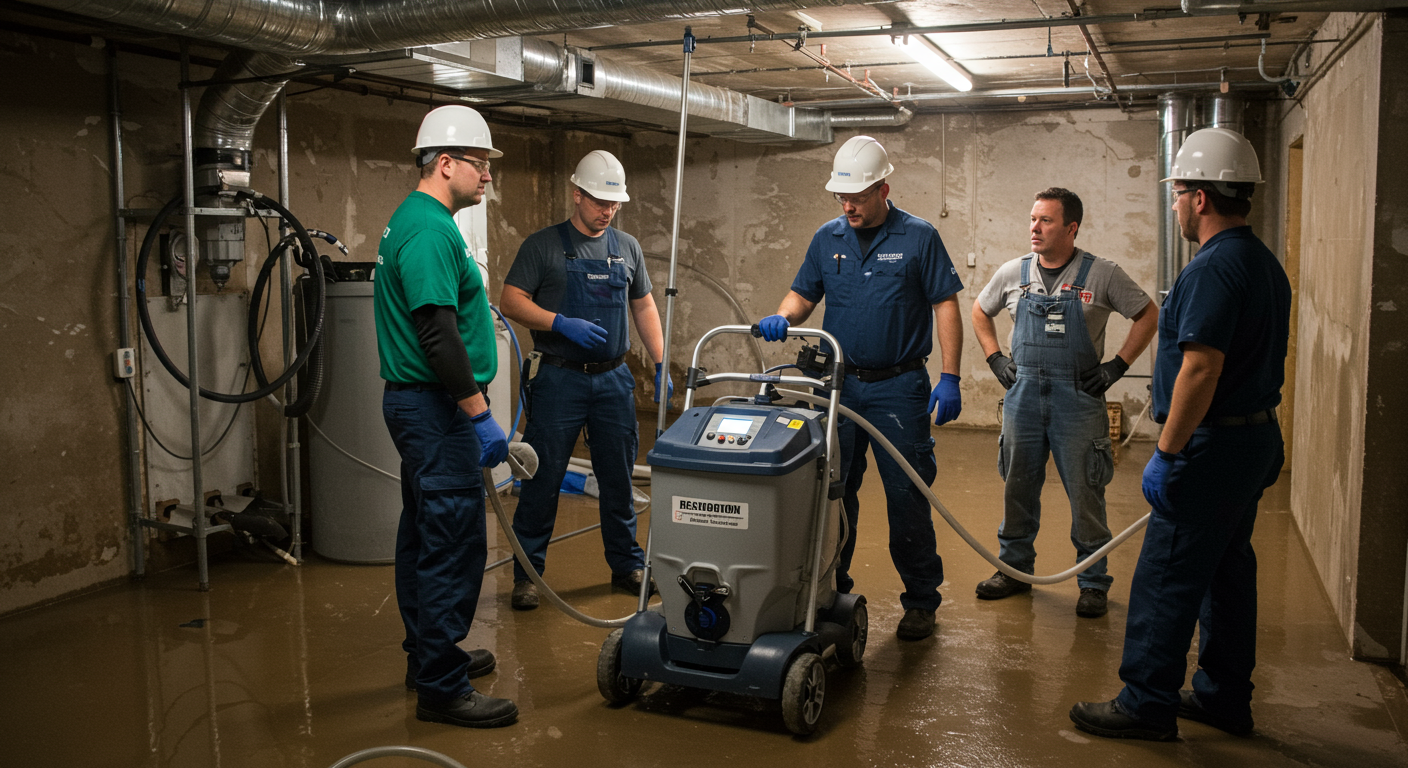 A team of restoration professionals collaborating in a flooded basement, using specialized equipment to dry out the area. The image showcases teamwork and the use of advanced technology in water damage restoration.