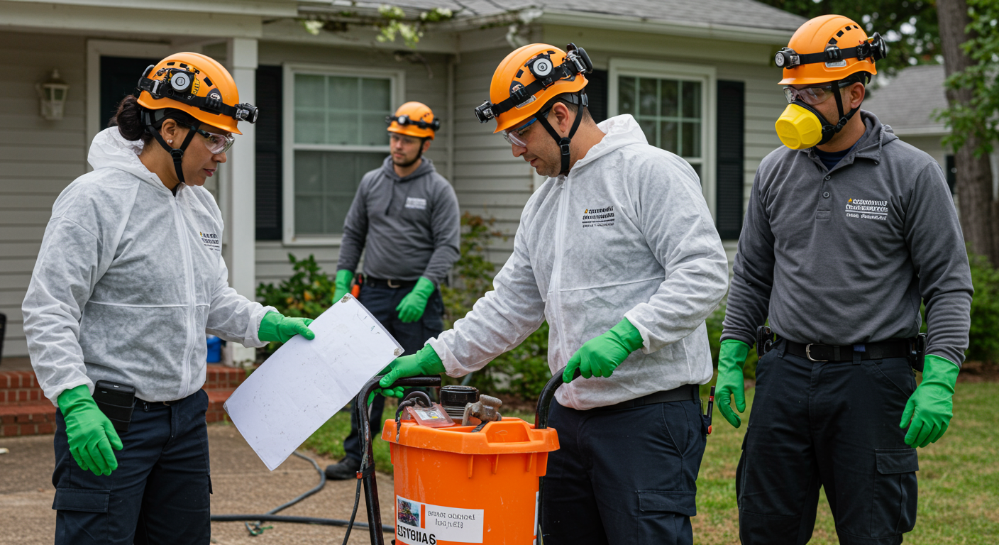 A team of local mold remediation experts in action, wearing uniforms and safety gear, working together to remove mold from a residential property.
