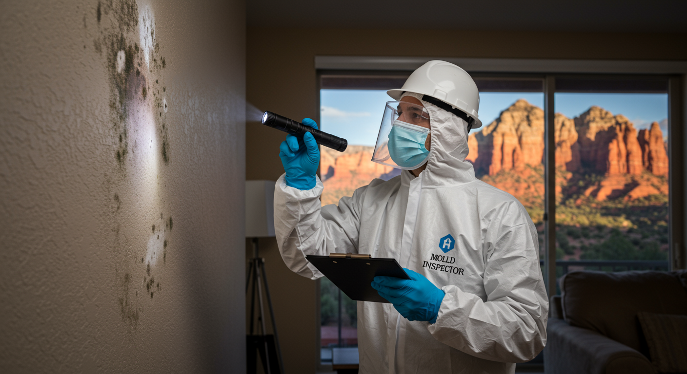A professional mold inspector in protective gear using a flashlight to examine mold growth on a wall in a residential home. The background shows a clean, well-lit living room typical of St. George homes, with red rock scenery visible through a window.