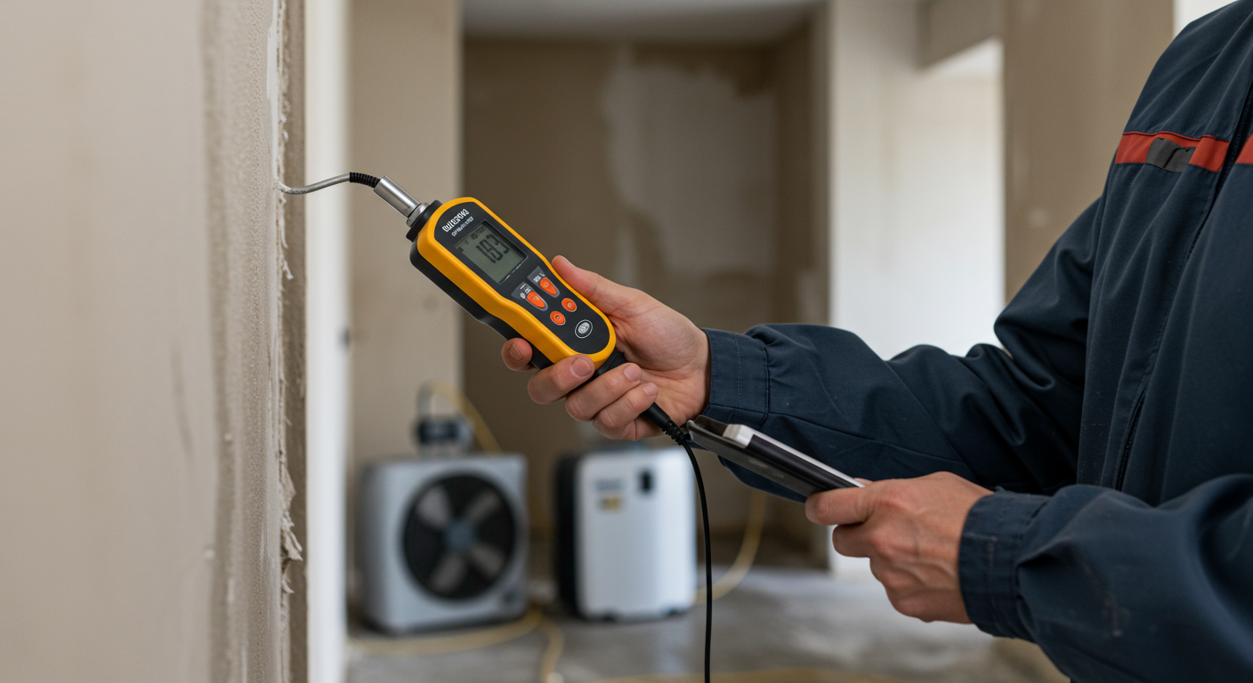 A professional water restoration team working inside a flooded living room.