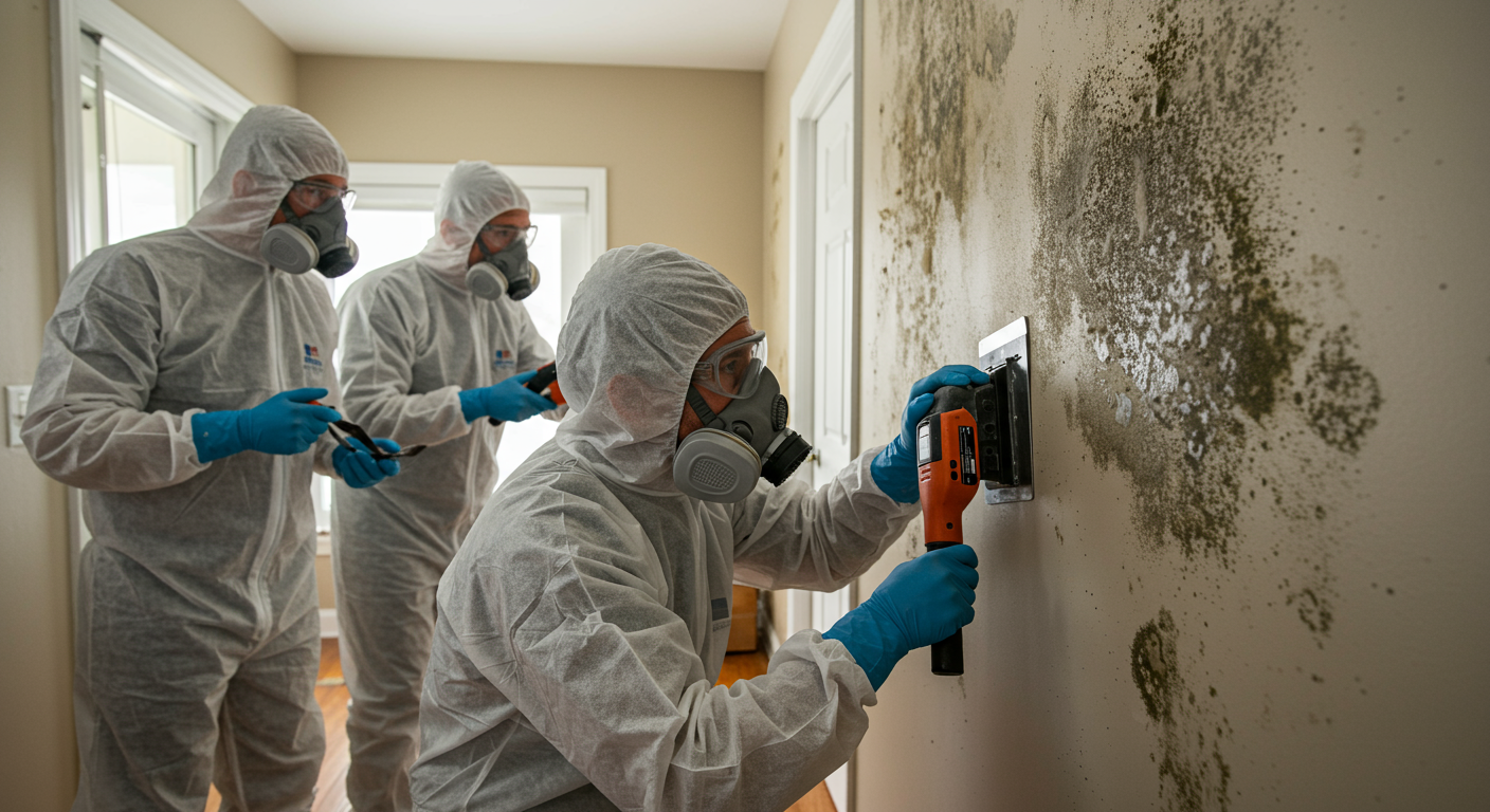 A team of certified mold remediation experts in protective gear actively removing mold from a wall, demonstrating the removal process.