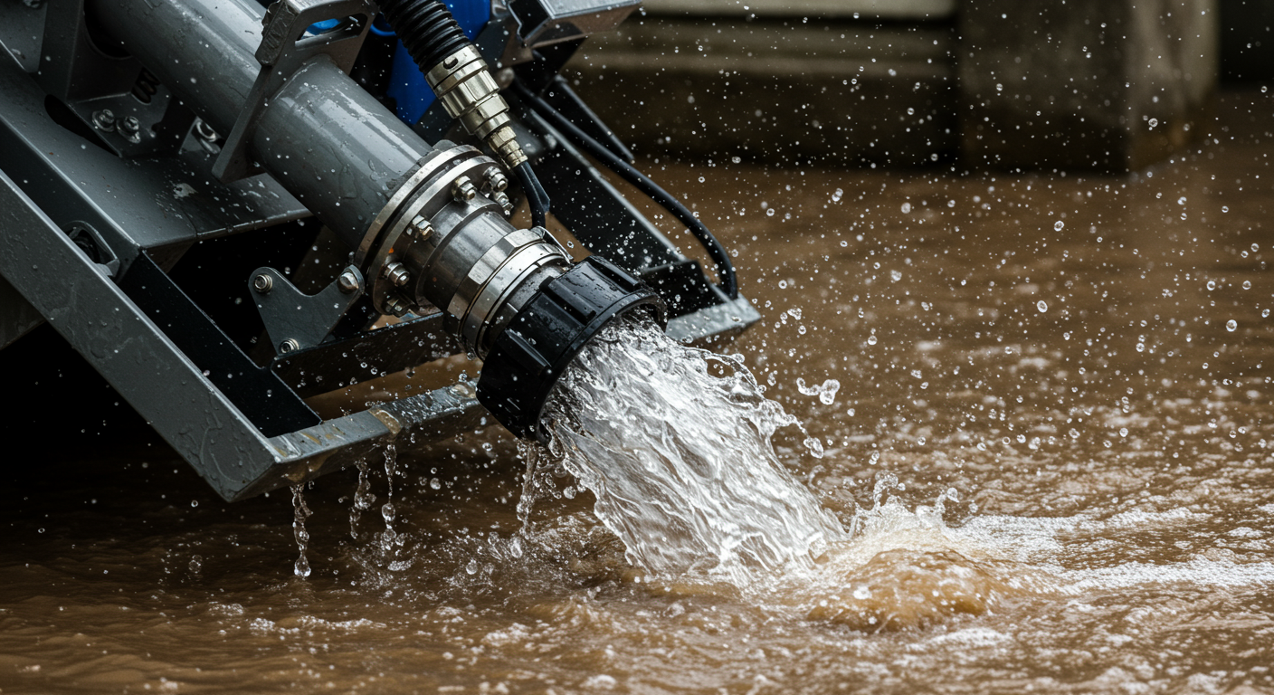 A close-up of advanced water extraction equipment in action, with water being siphoned away from a flooded area. The focus is on the technology used in flood water removal, highlighting its effectiveness.