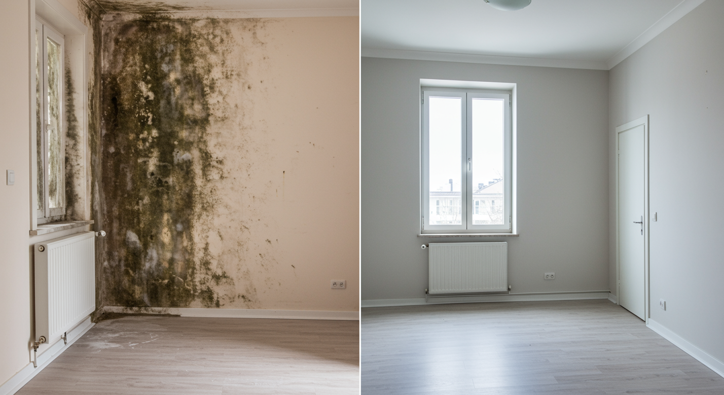 A split image showing a room before mold removal (with visible mold) and after (clean and fresh). This concept visually represents the effectiveness of professional mold remediation services.