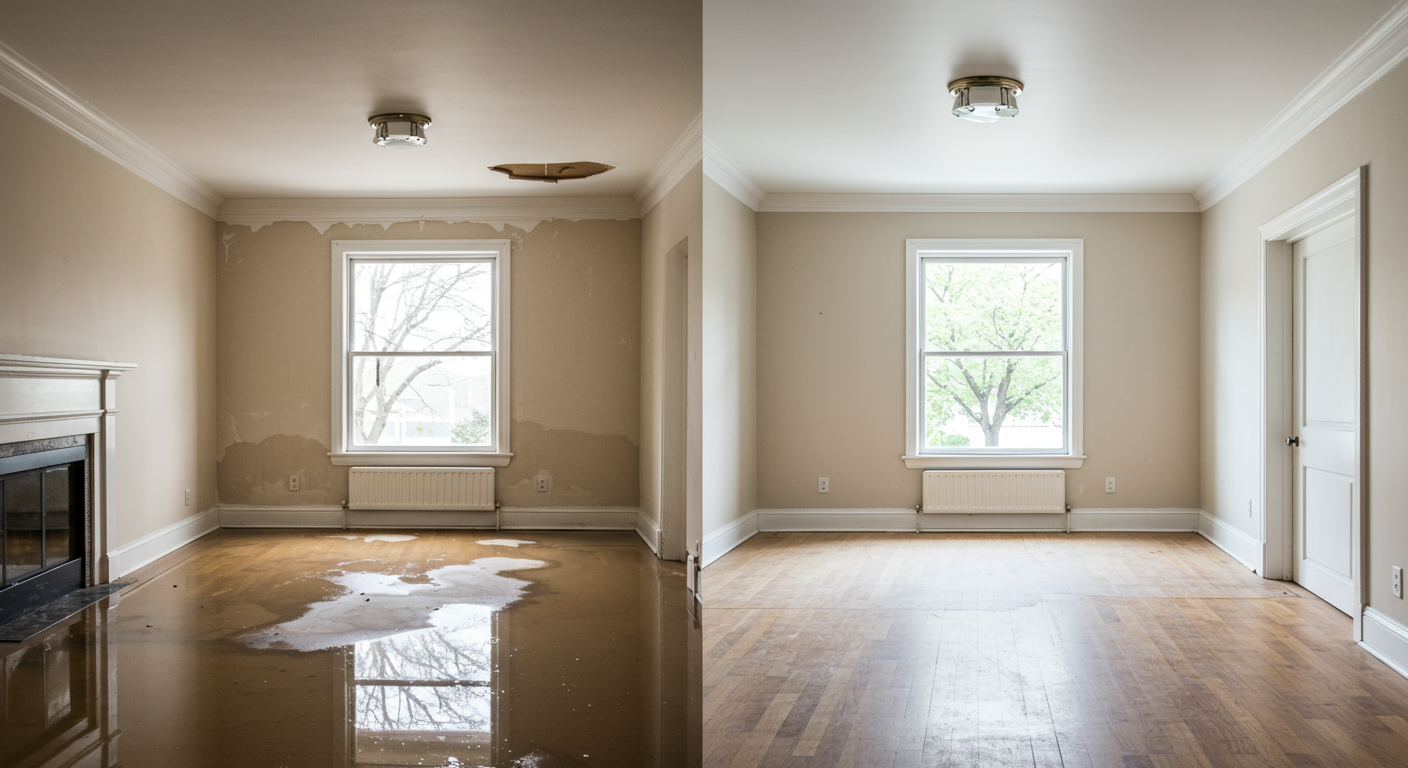 A split image showing a room before water damage restoration (flooded and damaged) and after (fully restored and clean). This visual contrast highlights the effectiveness of the service.