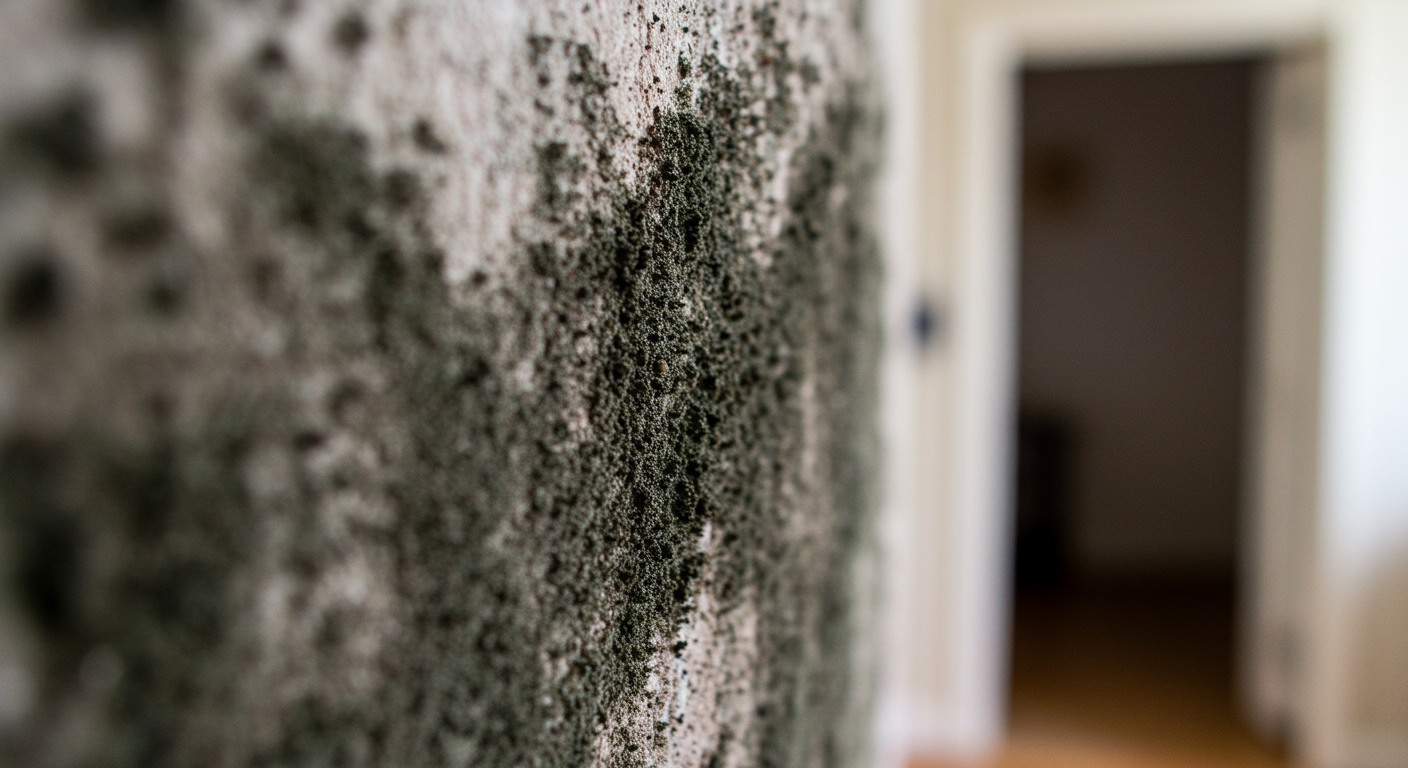 A close-up image showcasing black mold growing on a damp wall, highlighting its texture and color variations.