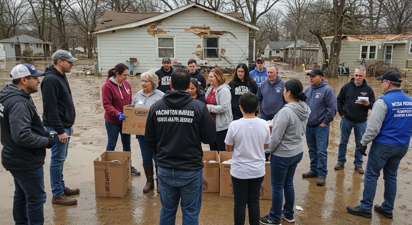 A community gathering where volunteers are helping families affected by flooding, showcasing teamwork and support. The setting includes homes with visible flood damage in the background.