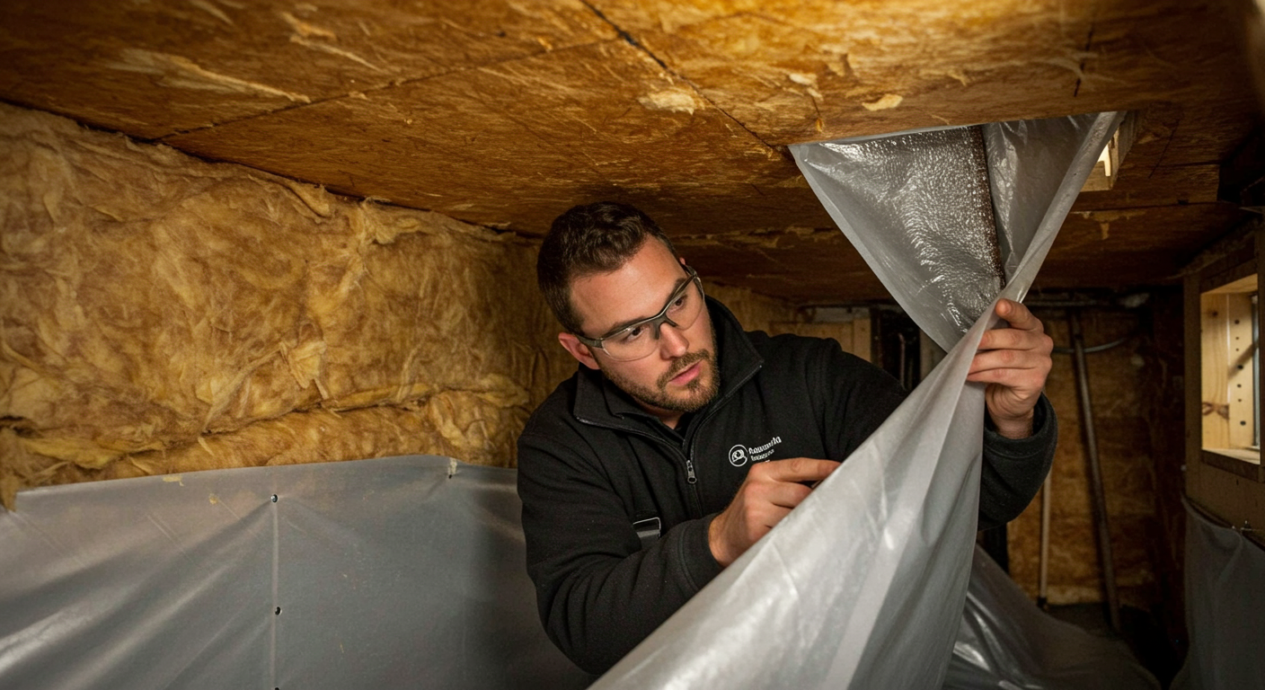 A close-up of a technician inspecting a crawl space, highlighting the encapsulation process. The technician is wearing safety gear and examining the vapor barrier and insulation.