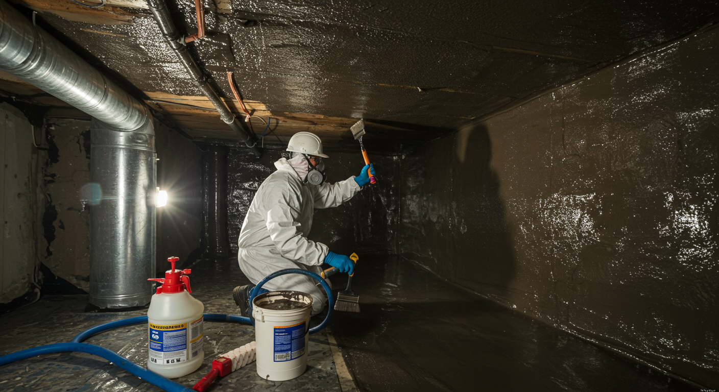 A technician applying a moisture barrier in a crawl space, highlighting the repair process and tools used.
