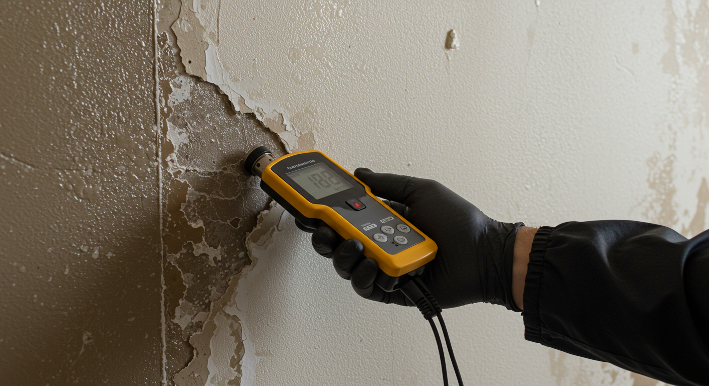 A close-up of a water-damaged wall being inspected by a technician with a moisture meter, highlighting the detailed assessment process in flood remediation.
