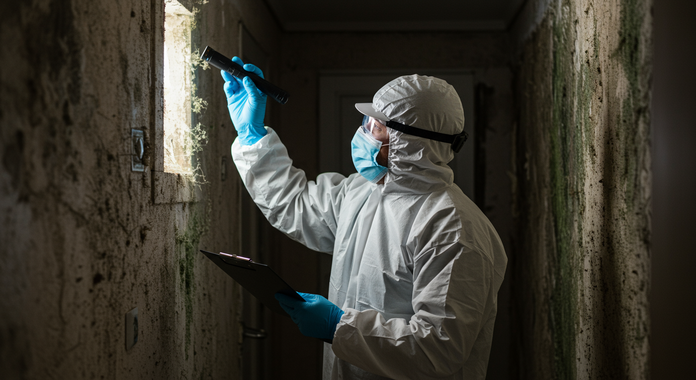 A professional mold inspector, wearing protective gear, is examining a home's interior for mold growth. The inspector is using a flashlight to inspect dark corners and is taking notes on a clipboard.