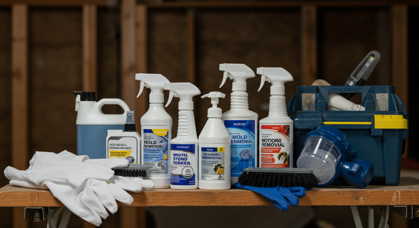 A collection of mold removal products displayed neatly on a workbench in a crawl space. The products include sprays, brushes, and protective gear, showcasing the tools needed for effective mold treatment.