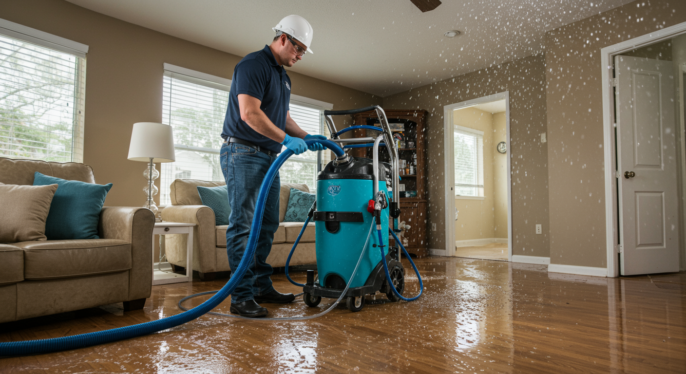 A professional water damage restoration technician using advanced equipment to extract water from a flooded living room.