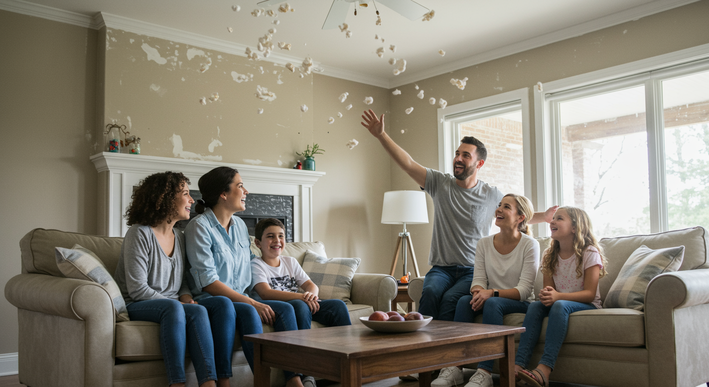 A happy family gathered in their living room, admiring their newly renovated space without popcorn ceilings. The atmosphere is warm and inviting, showcasing the joy of a fresh home environment.