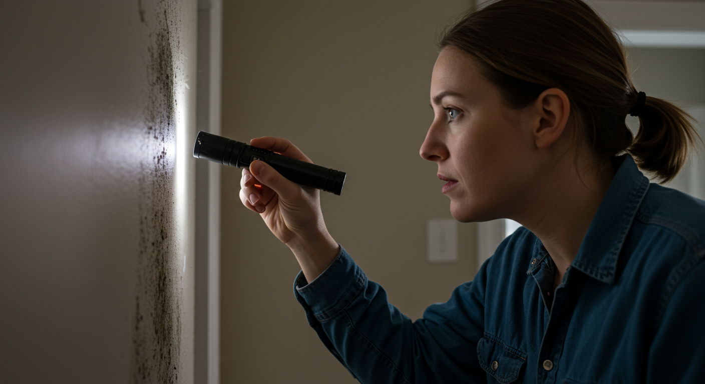 A homeowner inspecting a wall for mold with a flashlight, demonstrating proactive prevention measures.